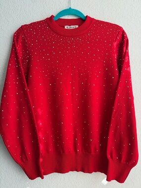 Nanette Lepore Red Crewneck Sweater with Scattered Rhinestones